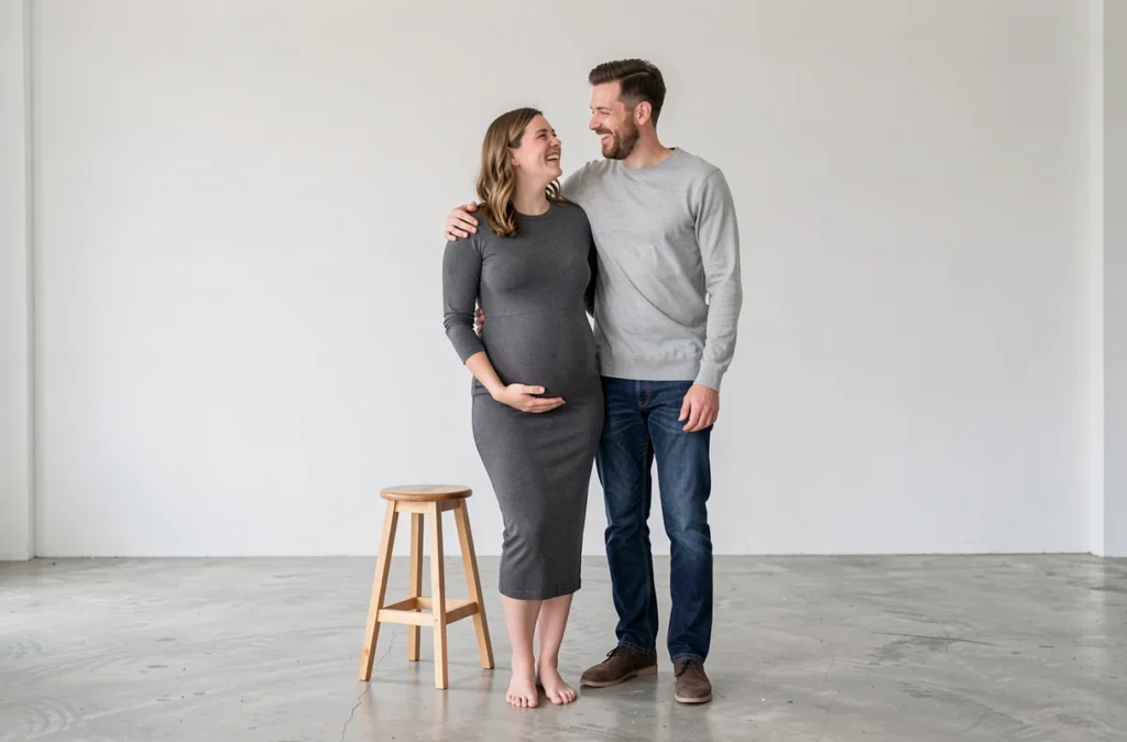 Couple attendant un bébé en studio minimaliste, séance photo grossesse par Fabien Sans