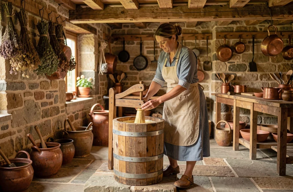 Femme en tablier breton traditionnel barattant du beurre dans la cuisine ancienne de la Ferme d'Antan à Plédéliac
