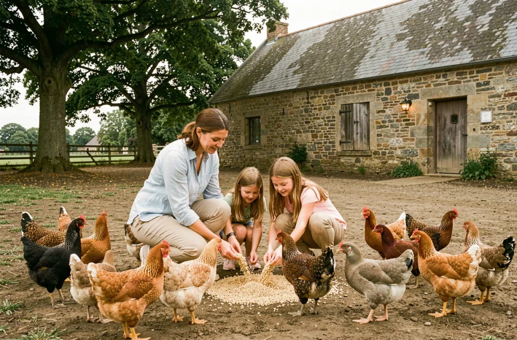 Famille distribuant du grain à une basse-cour de poules et canards à la Ferme de Kerporho à Pluvigner