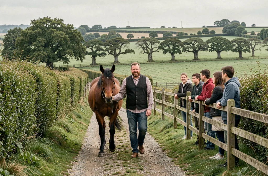 Fermier conduisant un cheval de trait breton le long d'un chemin de bocage à la Ferme du Ménéhy à Saint-Vincent-sur-Oust