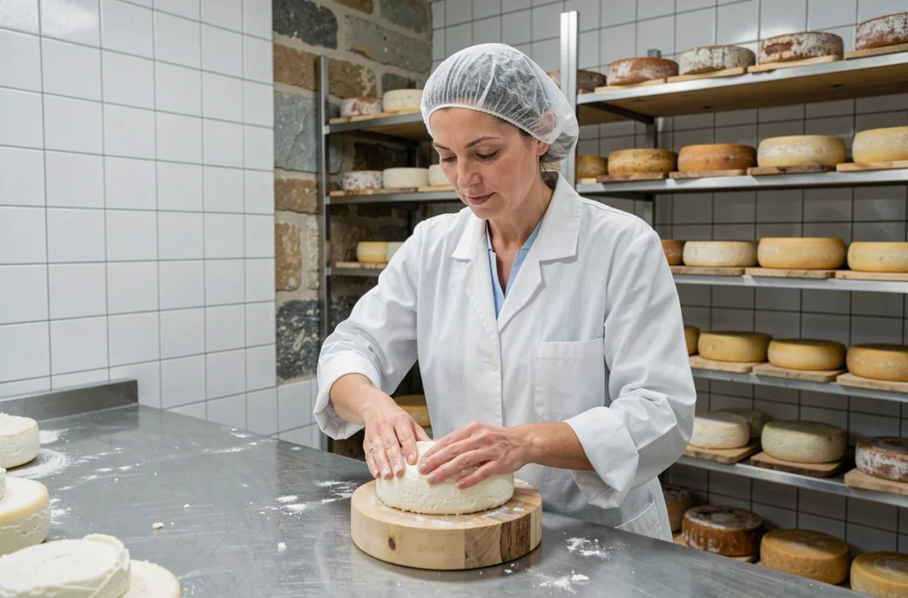 Fromagère pressant du fromage frais dans les moules en bois à la Ferme Fromagère de Suscinio à Sarzeau