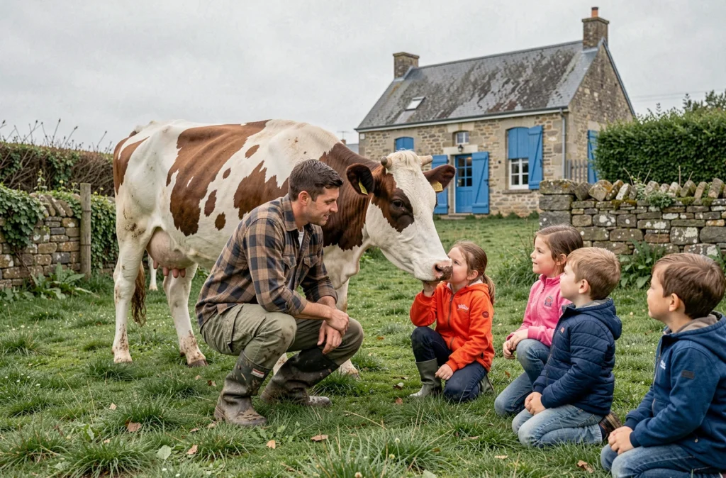 Fermier et écoliers caressant une vache jersiaise dans la prairie de la Ferme de la Ville Oger à Saint-Brieuc