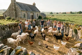 Familles visitant une ferme pédagogique en Bretagne avec animaux et bâtiments en pierre traditionnels