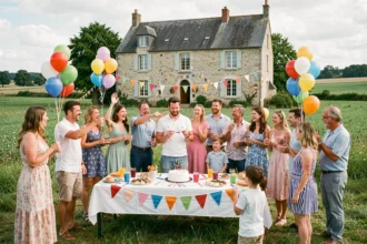 Fête d'anniversaire animée en plein air dans la région Centre-Val de Loire avec décoration colorée et animateur en action