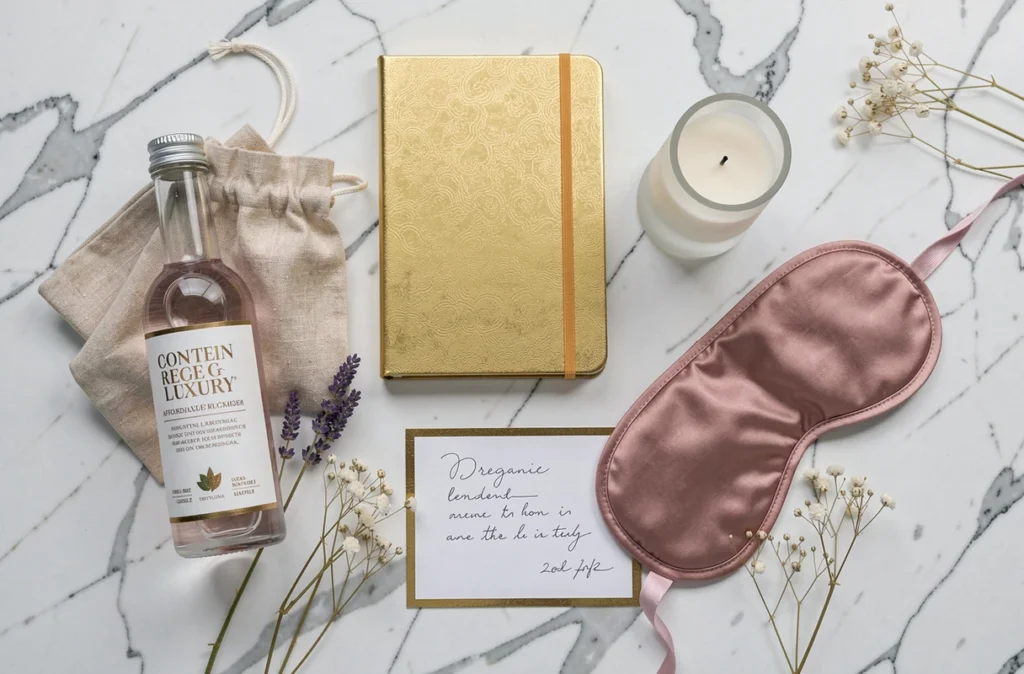 Flat lay élégant de cadeaux de naissance abordables et luxueux disposés sur marbre blanc : bougie, masque en soie, carnet doré et eau de rose bio