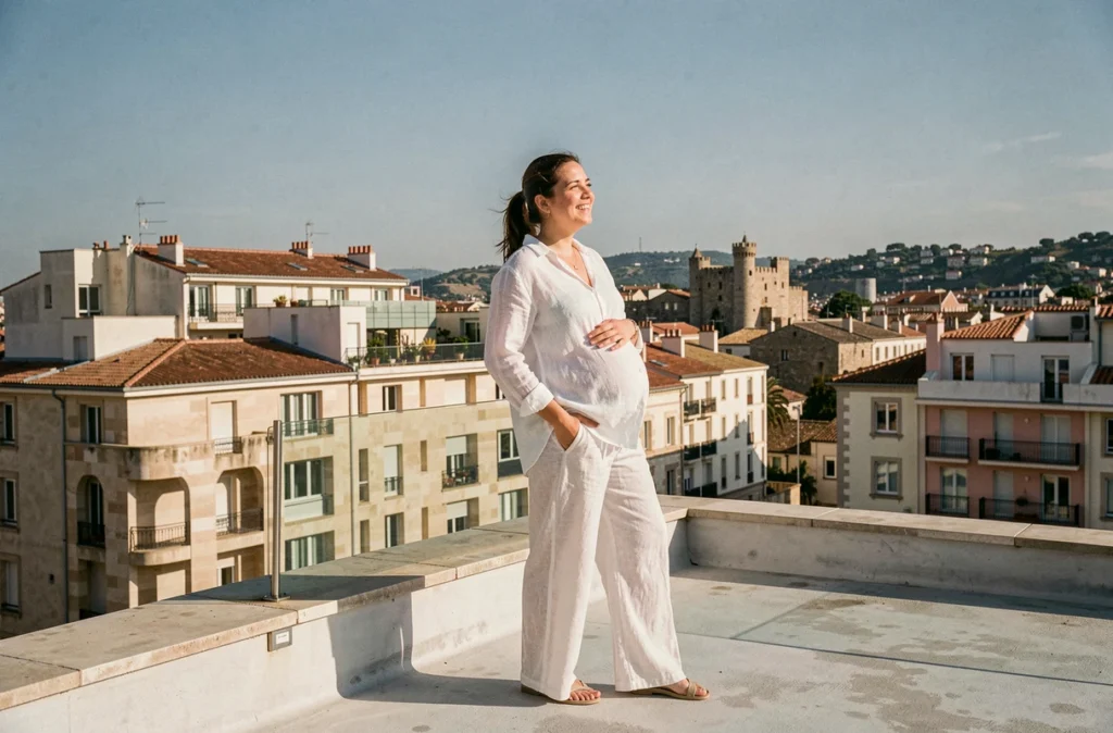 Femme enceinte sur un toit de Montpellier avec vue sur la ville, séance photo grossesse par Floriane photographe
