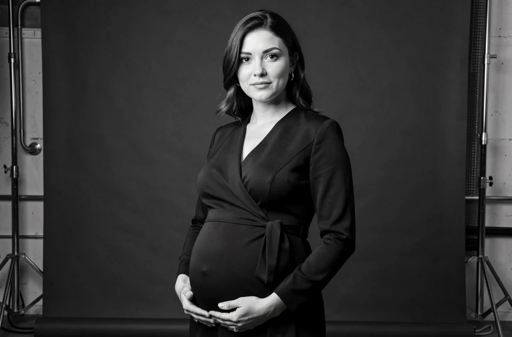 Femme enceinte en robe noire dans un studio photographique moderne, portrait de grossesse par Frederick L.