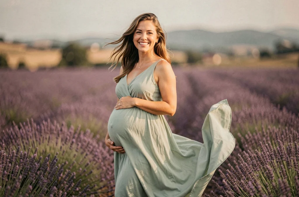 Femme enceinte en robe verte dans un champ de lavande en Occitanie, séance photo maternité par Ludivine Photographe