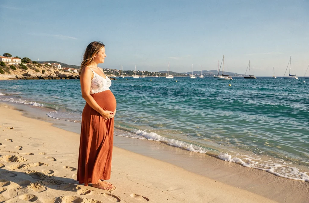 Femme enceinte en jupe orange sur une plage méditerranéenne, séance maternité par Marius Balayn