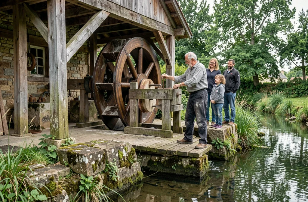 Vieux moulin en bois avec roue à aubes et familles en visite au Moulin du Bois près de Chartres-de-Bretagne