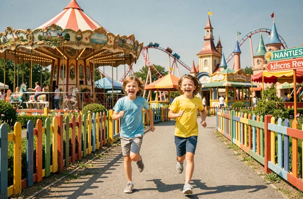 Enfants courant joyeusement dans les allées colorées du Parc des Naudières près de Nantes