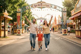 Famille heureuse entrant dans un parc de loisirs en Loire-Atlantique en été