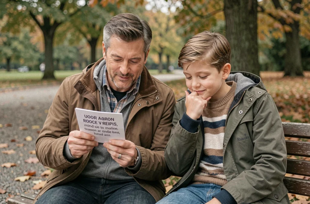 Père et fils assis sur un banc dans un parc en automne, jouant aux devinettes avec une carte imprimée lors d'une sortie en famille