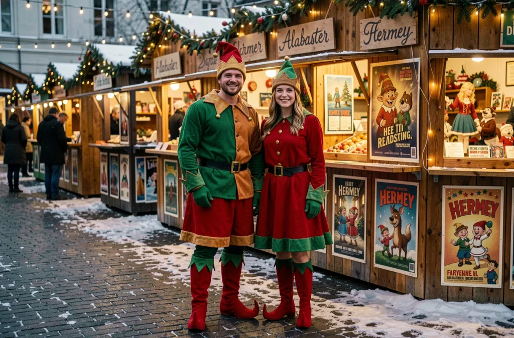 Deux amis en costumes de lutins de Noël devant un marché de Noël avec des affiches de films animés et des prénoms de lutins célèbres